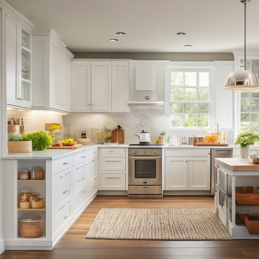 A bright, modern kitchen with sleek white cabinets, a central island, and a large, organized pantry with labeled baskets and bins, surrounded by subtle, warm lighting.