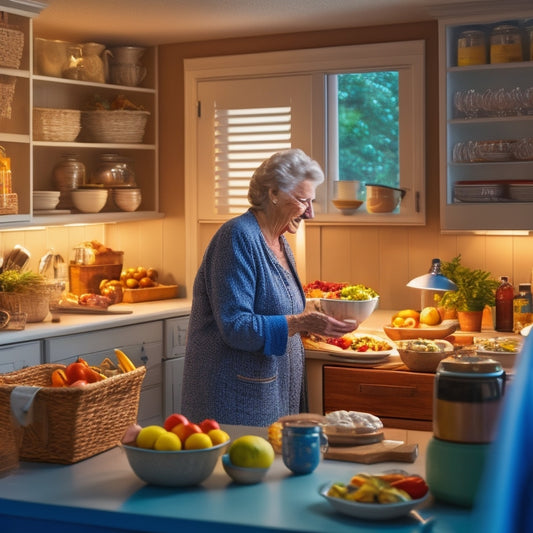 A warm, well-lit kitchen with a senior citizen in the background, surrounded by organized shelves, cabinets, and countertops with easy-to-grasp handles and labeled baskets, showcasing accessible storage solutions.