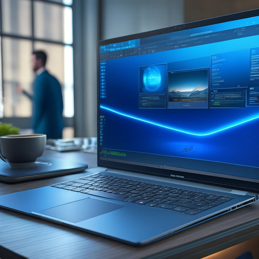 A futuristic, sleek laptop with a split-screen display: one side shows a 3D avatar in a virtual training environment, and the other side displays a dashboard with interactive course modules and progress bars.