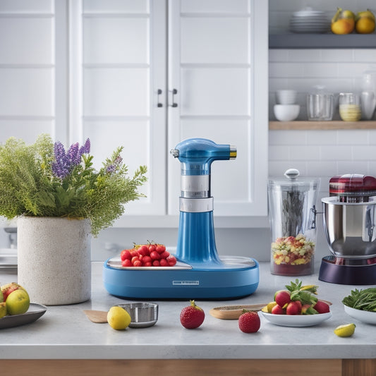 A clutter-free kitchen counter with a utensil organizer, a set of stacked measuring cups, and a KitchenAid mixer in the background, surrounded by a few ripe fruits and a vase with fresh herbs.