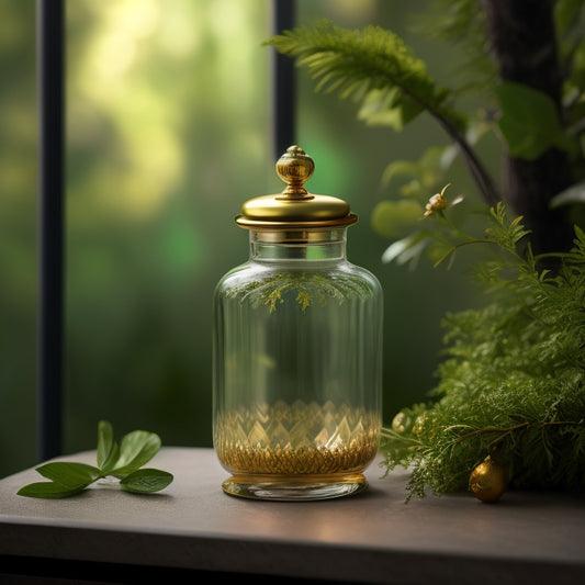 A beautifully styled still life featuring a delicate, ornate glass jar canister with a slender neck and flared rim, surrounded by lush greenery and soft, golden lighting.