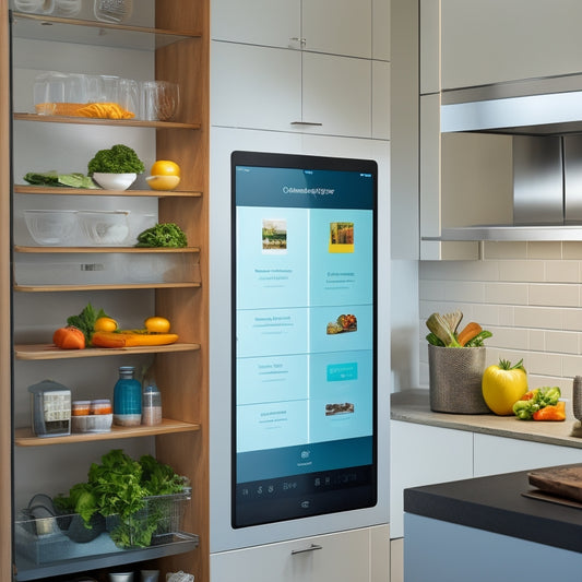A modern, sleek kitchen with various digital storage solutions: a smart cabinet with a touchscreen, a tablet mounted on the wall, and a digital display on the fridge, showcasing organized recipes and meal plans.