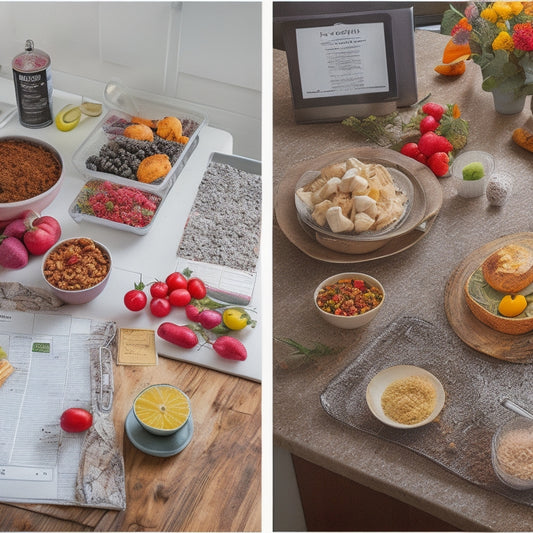 A split-screen image with a cluttered kitchen on one side, featuring scattered recipe books, crumpled receipts, and expired food items, and a tidy kitchen on the other, with a calendar, a meal planning board, and a few fresh ingredients on the counter.