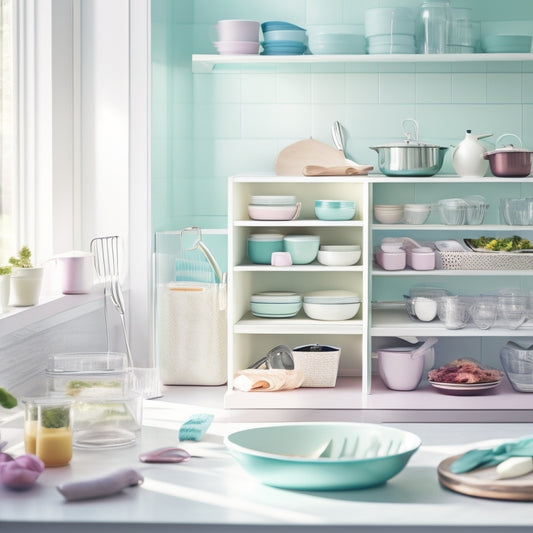 A bright, airy kitchen with neatly arranged drawer organizers holding utensils, cutlery, and small gadgets, all in soft pastel colors. Sunlight streams through a window, highlighting the organized chaos of culinary tools.