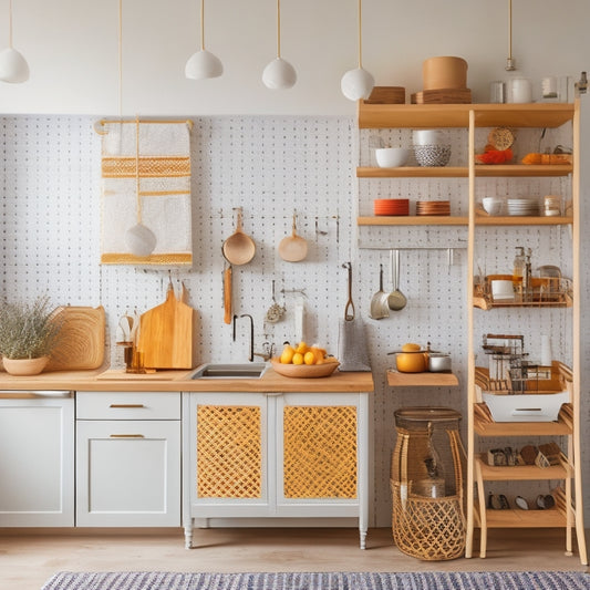A bright, modern kitchen with limited counter space, showcasing a pegboard on the wall with hanging utensils, a pull-out spice rack, and a pedestal cart with wicker baskets, surrounded by minimalist decor.
