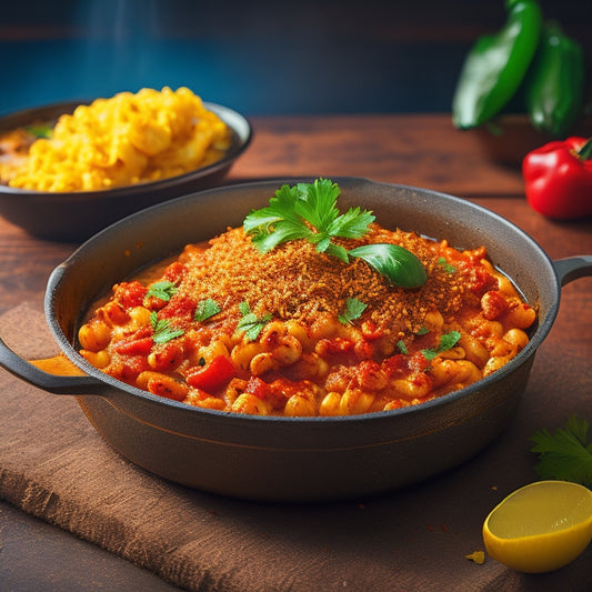 A vibrant, golden-lit image of a steaming hot skillet filled with al dente macaroni, juicy chili con carne, and a sprinkle of bright red pepper flakes, garnished with a few fresh cilantro leaves.