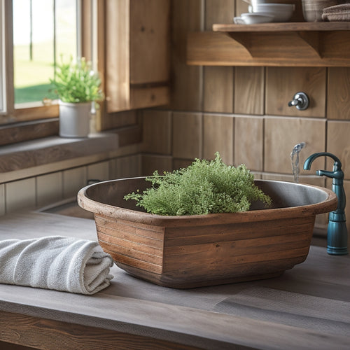 A rustic farmhouse kitchen featuring a wooden sink caddy, adorned with greenery, vintage dish soap, and elegant scrub brushes, set against a warm, sunlit backdrop of shiplap walls and farmhouse sink.