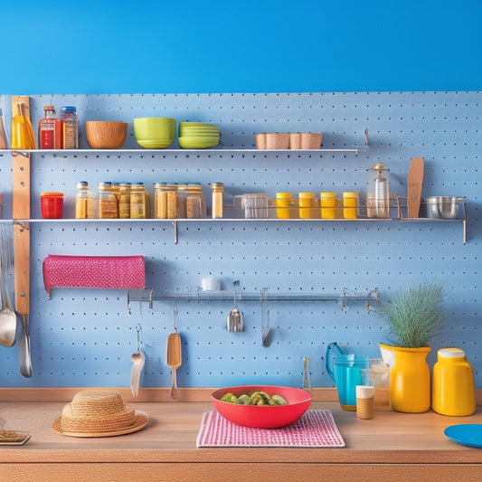 A bright, modern kitchen with sleek countertops, featuring a pegboard on a wall with hanging utensils, a pull-out spice rack, and a utensil organizer on the counter with a few strategically placed items.