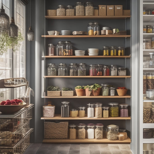 A cozy kitchen pantry featuring sleek wall-mounted racks, filled with colorful jars, spices, and neatly arranged utensils, illuminated by soft ambient lighting, showcasing an organized and inviting space for culinary creativity.