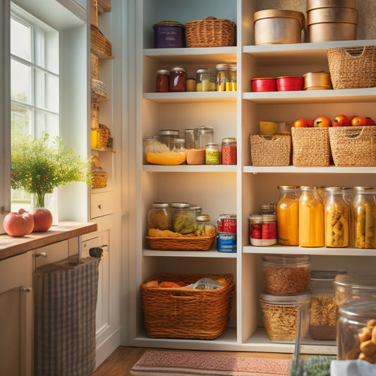 A bright, organized pantry with open shelves displaying jars of homemade canned goods, baskets of fresh produce, and a few cookbooks, with a subtle natural light filtering through a window.