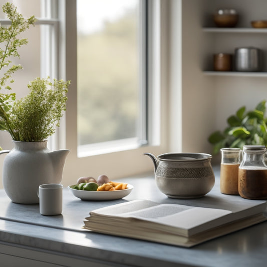 A serene kitchen countertop with a few, neatly arranged cookbooks, a small vase with fresh greenery, and a single, elegant tea infuser, surrounded by ample negative space and warm, natural light.
