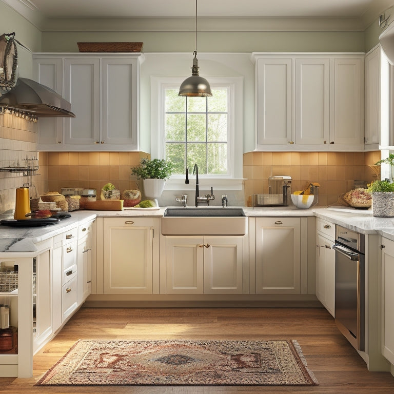 A tidy corner kitchen with a curved countertop, a carousel spice rack, a wall-mounted pot rack, and a pull-out trash can, surrounded by white cabinets and warm wooden floors.