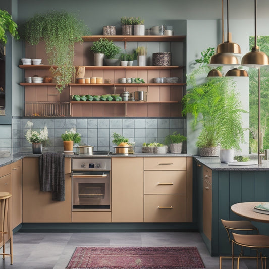Create an image of a modern modular kitchen featuring a sleek, multi-tiered shelf system adorned with stylish kitchenware, vibrant plants, and elegant utensils, illuminated by warm, ambient lighting to enhance the organized aesthetic.