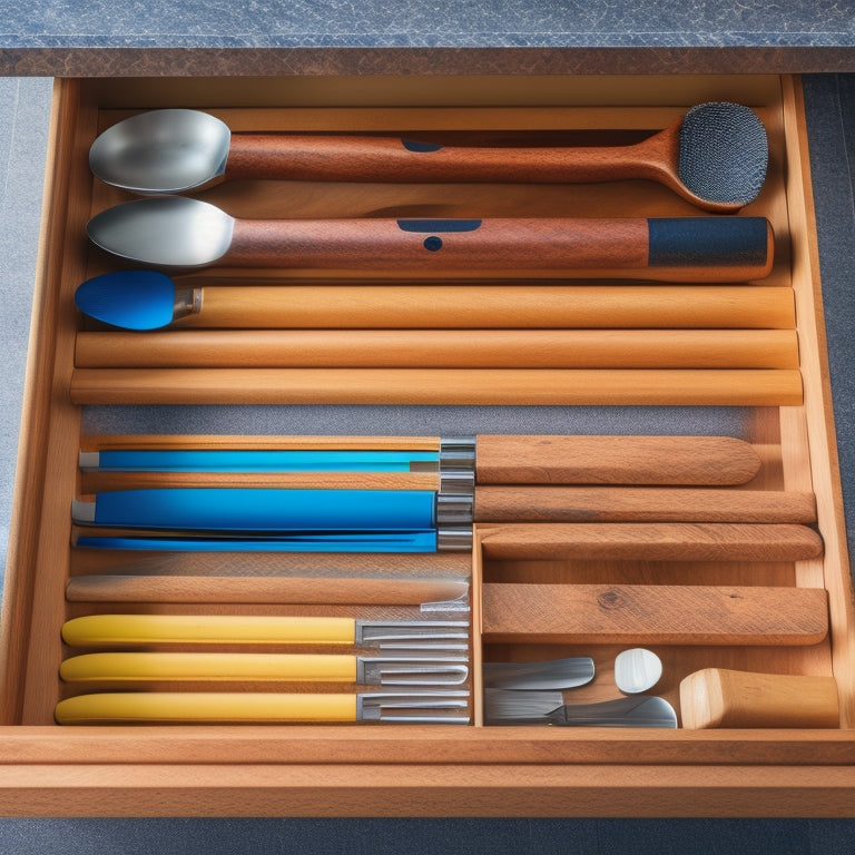 A tidy kitchen drawer with custom dividers, utensils organized by type and size, with a wooden spoon resting in a designated slot beside a row of neatly aligned knives.