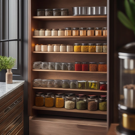 A sleek, modern kitchen with a wooden drawer showcasing adjustable spice organizers filled with colorful spice jars, neatly arranged by size, illuminated by soft ambient lighting, highlighting the organized chaos of culinary essentials.