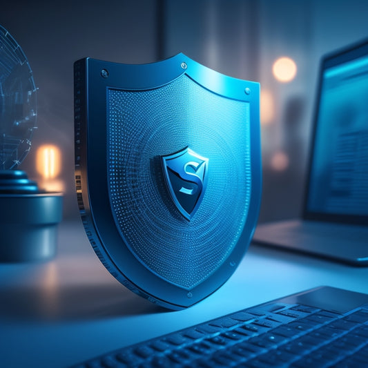 A shield with a checkmark inside, surrounded by a circle of interconnected devices (laptop, tablet, smartphone), with a subtle glow effect and a dark blue background, conveying protection and security.