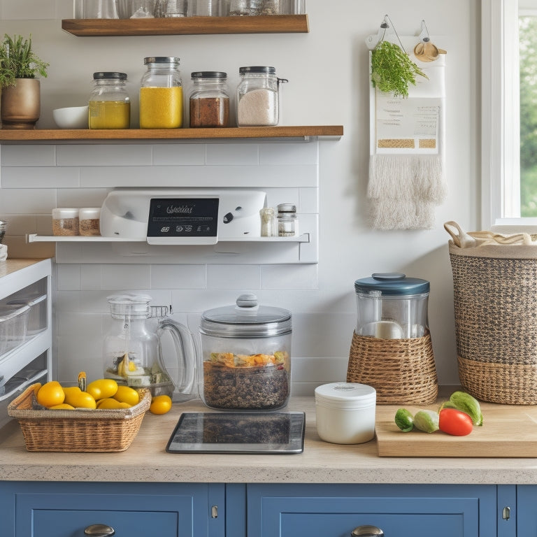 A tidy small kitchen with a tablet on the counter displaying a digital meal planning app, surrounded by a few neatly labeled jars, a small utensil organizer, and a compact kitchen cart with a built-in spice rack.