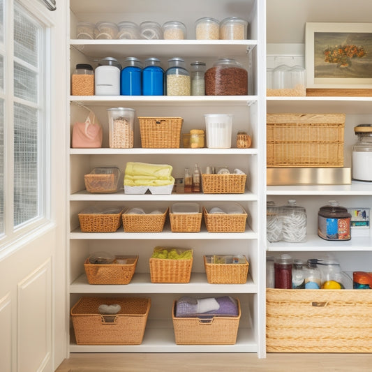 A tidy pantry with sleek, white shelves, labeled baskets, and transparent containers, featuring a built-in Lazy Susan, a pegboard with hooks, and a narrow, pull-out trash can.