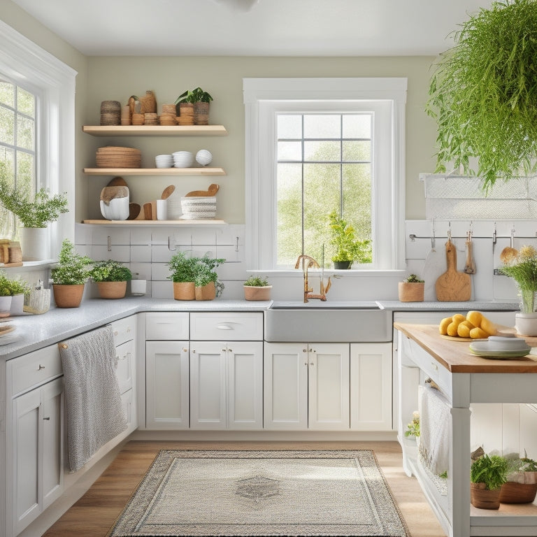 A bright and airy kitchen with sleek white cabinets, a large island with built-in drawers, a pegboard on the wall with hanging utensils, and a few potted plants on the countertops.