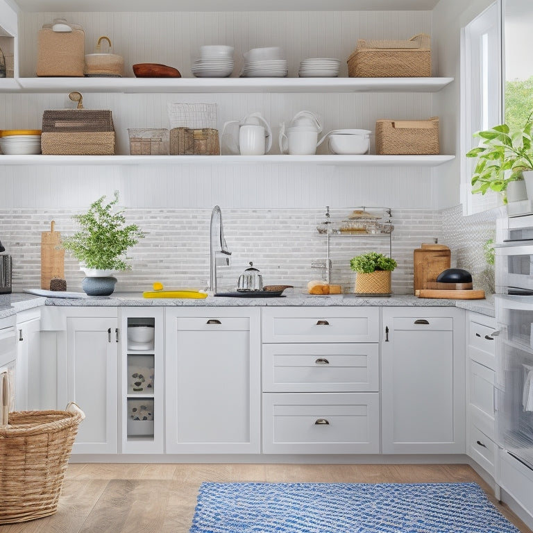 A bright, modern kitchen with sleek white cabinets, pull-out shelves, and stacked storage baskets, showcasing optimized storage solutions and a clutter-free countertop.