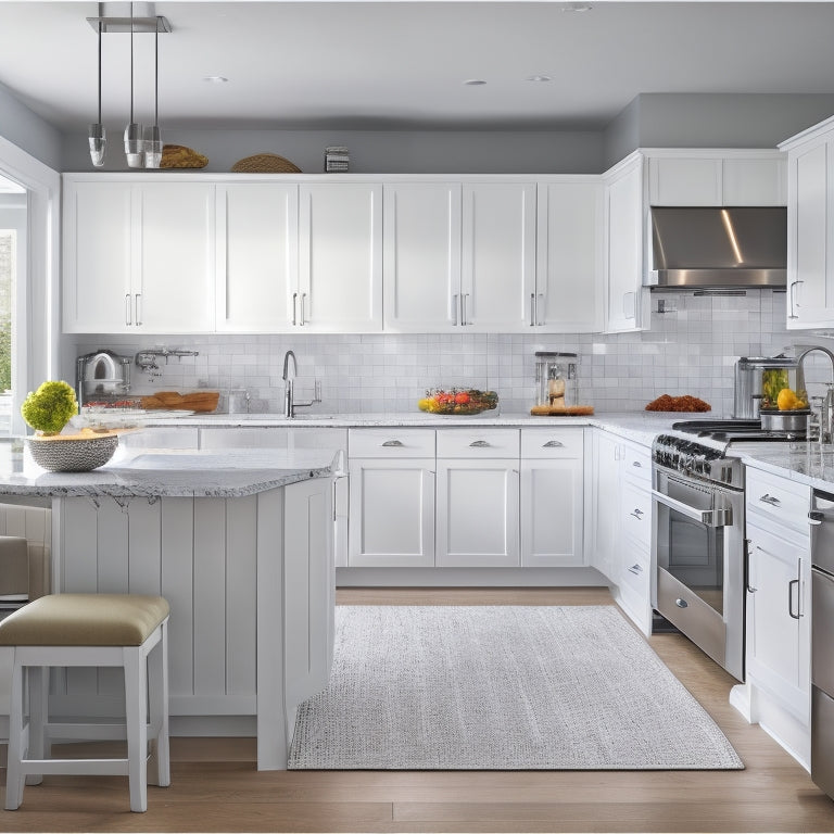 A bright, modern kitchen with sleek white cabinets, stainless steel appliances, and a large island in the center, featuring pull-out drawers, adjustable shelves, and a built-in utensil organizer.