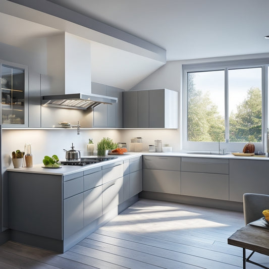 A modern galley kitchen with sleek, handleless cabinets in a soft gray hue, paired with crisp white countertops, and a stainless steel range, all illuminated by a large skylight above.