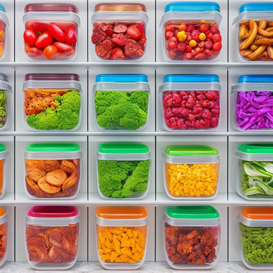 A colorful, overhead shot of a kitchen counter with 10-12 small, identical, transparent containers filled with varied, vibrant, healthy meals, such as salads, grains, and roasted vegetables.