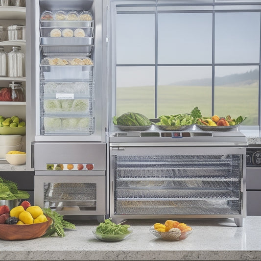 A modern kitchen countertop with a sleek, stainless steel Excalibur 3948CDB Dehydrator, its doors open, revealing stacked trays filled with an assortment of colorful, dried fruits, vegetables, and herbs.