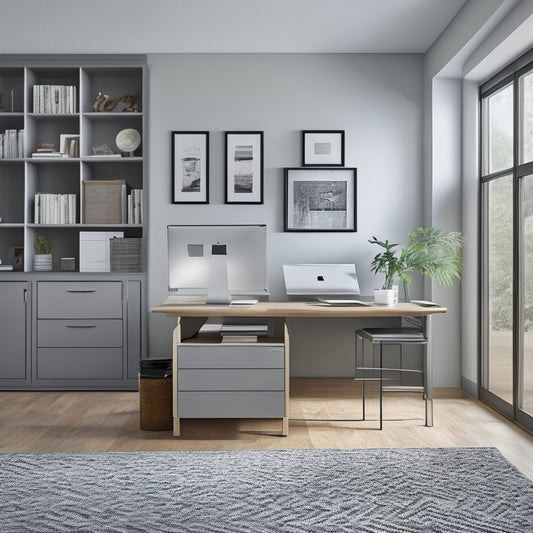 A clutter-free workspace with a sleek, silver, three-drawer filing cabinet, a wall-mounted, rotating blueprint rack, and a wooden desk with a built-in, lift-up storage compartment.