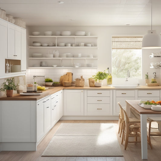 A bright, modern kitchen with sleek, white cabinets, a large island with built-in drawers and shelves, and a pegboard with utensils and baskets, illuminated by warm, natural light.