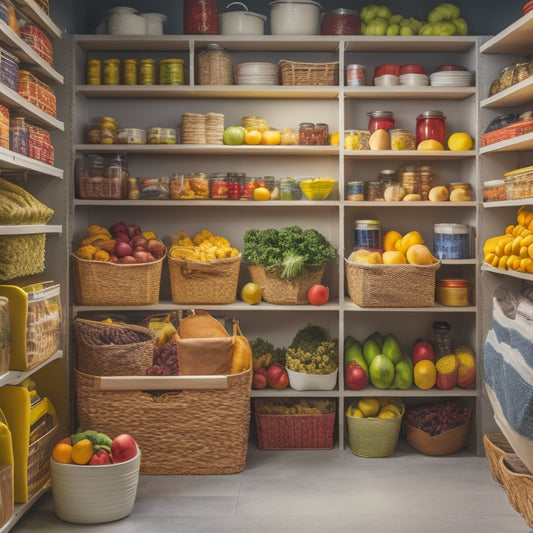 A tidy pantry with labeled shelves, baskets, and bins, containing an assortment of colorful fruits, vegetables, and canned goods, with a clipboard and pen laid on a nearby counter.
