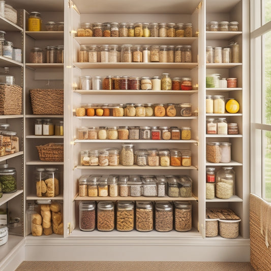 A beautifully arranged kitchen pantry showcasing sturdy, multi-tiered cabinet organizers made of robust metal and transparent plastic, filled with labeled jars of spices, canned goods, and baking supplies, all illuminated by warm, natural light.