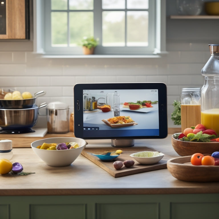 A tidy kitchen counter with a tablet displaying a cooking app, surrounded by a mixing bowl, utensils, and ingredients, with a clock in the background showing 30 minutes.