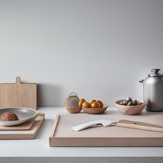 A minimalist kitchen counter with a few, neatly arranged recipe binders, a small wooden cutting board, and a single, elegant kitchen utensil, set against a clean, light-gray background.