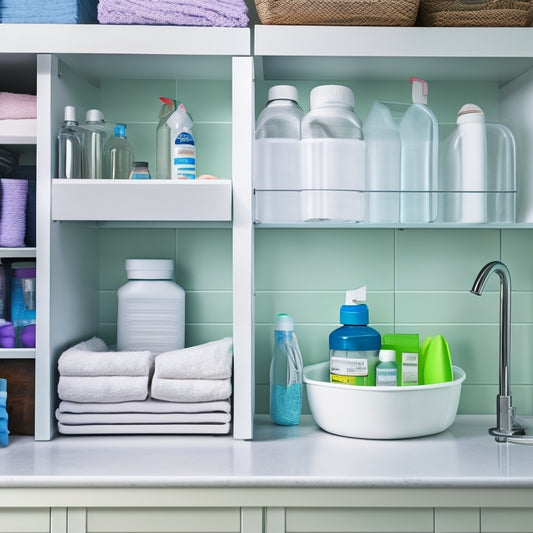 Create an image of a neatly organized under-sink area featuring adjustable shelf inserts. Showcase various cleaning supplies, bottles, and containers artfully arranged, highlighting versatility and maximizing space in soft, natural lighting.