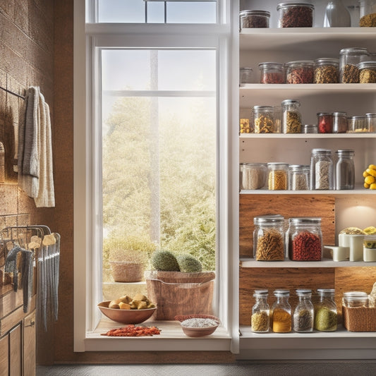 A bright kitchen featuring an over-the-door cabinet organizer filled with neatly arranged spices, jars, and utensils. Sunlight streams through a nearby window, illuminating the organized chaos of culinary essentials against a vibrant backdrop.
