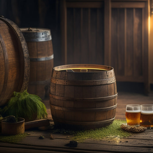 A rustic, wooden barrel with a few staves loose, surrounded by scattered hops and scattered beer bottles, with a faint, golden beer puddle in the background, illuminated by a single, warm light source.