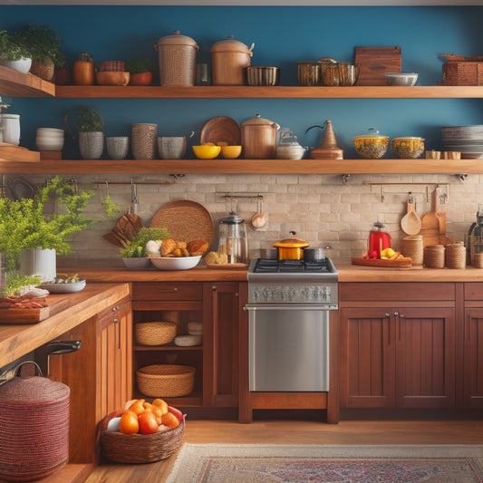 A cozy kitchen featuring elegant custom pull-out cabinet shelves filled with vibrant spices, neatly organized pots, and pans, surrounded by warm wood tones, soft lighting, and stylish decorative accents.