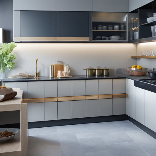 A sleek modern kitchen featuring elegant roll-out trays in glossy cabinetry, organized spices and tools, soft ambient lighting, and a minimalist island with a marble countertop, showcasing a blend of form and function.