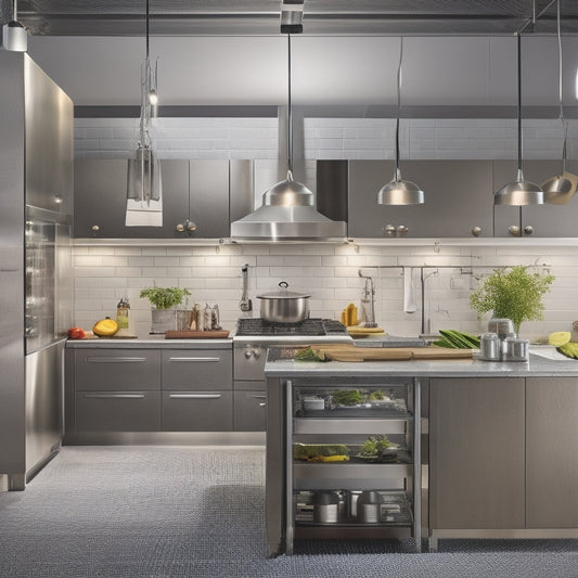 A sleek, modern commercial kitchen with stainless steel appliances, a central island with a built-in cooktop, and a pegboard-lined wall holding utensils and tools, lit by warm, overhead lighting.