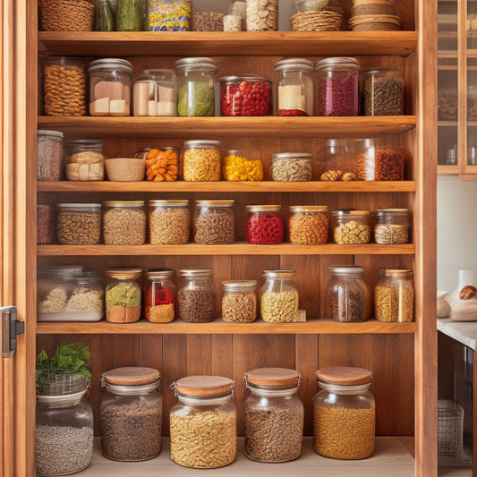 A well-organized pantry featuring clear glass jars filled with colorful grains, herbs, and spices, woven baskets for fruits, and labeled wooden crates, all against a backdrop of warm wooden shelves and soft, natural light.