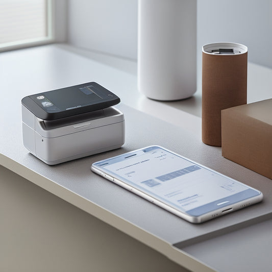 A minimalist illustration of a smartphone placed on a sleek, modern desk, with a small, wireless receipt printer in the background, emitting a continuous roll of printed receipts.