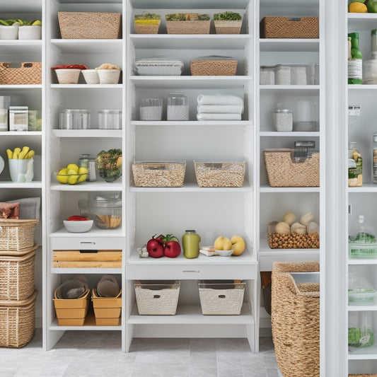 A bright, modern pantry with sleek, white shelves, baskets, and bins, filled with neatly organized food items, cookbooks, and appliances, set against a calming, soft-gray background.