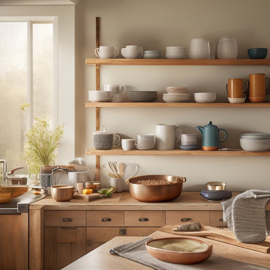 A cozy kitchen featuring sleek, foldable wooden shelves adorned with neatly organized dishes, vibrant mugs, and colorful bowls, bathed in warm natural light, showcasing a blend of rustic charm and modern functionality.