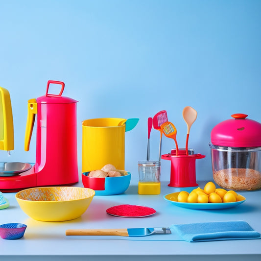 A vibrant kitchen scene featuring a rainbow of utensils, gadgets, and appliances, including a bright red stand mixer, turquoise canisters, and yellow silicone spatulas, against a crisp white background.