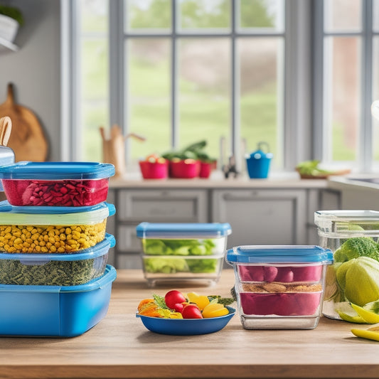 A vibrant kitchen scene showcasing colorful stackable containers filled with fresh vegetables, grains, and proteins, neatly organized on a countertop, with meal prep ingredients and utensils in the background, bathed in warm, natural light.