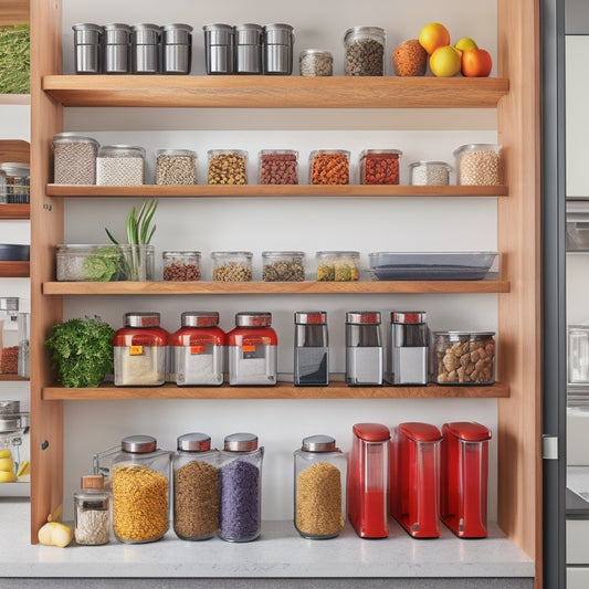 A sleek kitchen scene featuring stylish, divided cabinet organizers filled with colorful spices, neatly stacked dishes, and labeled containers. Warm, natural lighting highlights modern cabinetry and minimalist decor, emphasizing organization and elegance.