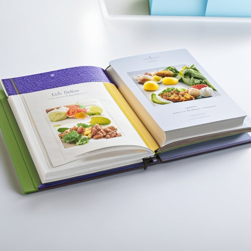 A tidy, well-organized recipe binder with colorful tabs, neatly written recipe cards, and a few strategically placed photos of delectable dishes, all set against a clean, white background.