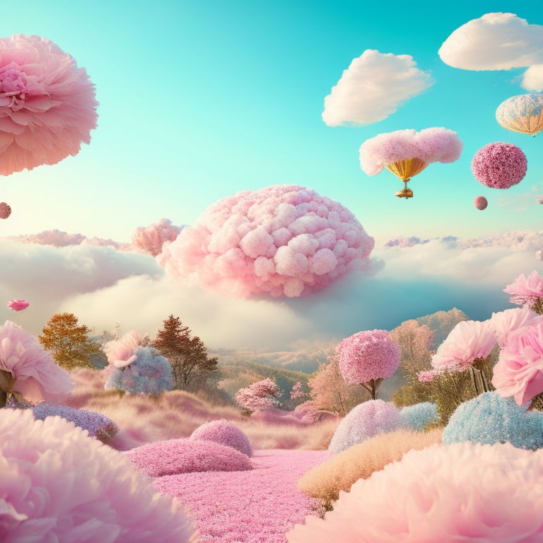 Generate an image featuring a whimsical, pastel-hued digital landscape with pixelated flowers, swirling clouds, and delicate, interlocking gears amidst a backdrop of subtle, shimmering circuitry.