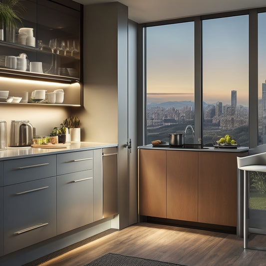 A sleek, modern kitchen with pull-out pantry drawers, a wall-mounted utensil organizer, and a hidden trash can compartment, illuminated by warm, soft lighting and a large window with a blurred cityscape outside.